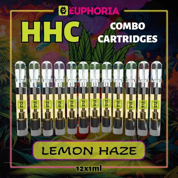 12 x HHC Vape Cartridge της E-Euphoria Ελλάδα, που περιέχει 1ml του 95% HHC και γεύση τερπενίου Lemon Haze, άρωμα λεμονιού για ανεβαστικό και χαλαρωτικό αποτέλεσμα.