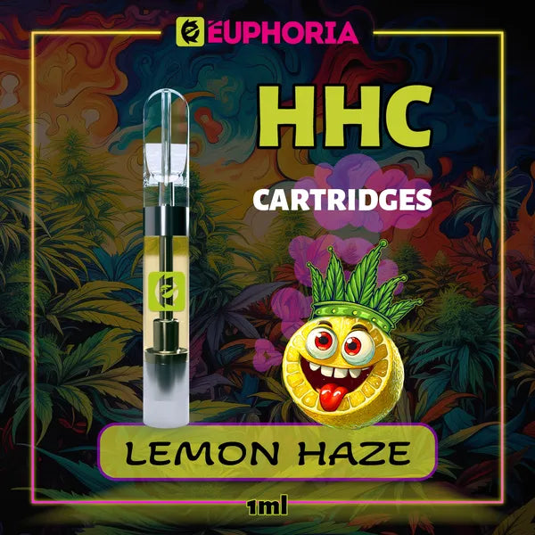 1 x HHC Vape Cartridge του E-Euphoria Ελλάδα, που περιέχει 1ml του 95% HHC και γεύση τερπενίου του Lemon Haze, άρωμα λεμονιού για ανεβαστικό και χαλαρωτικό αποτέλεσμα.