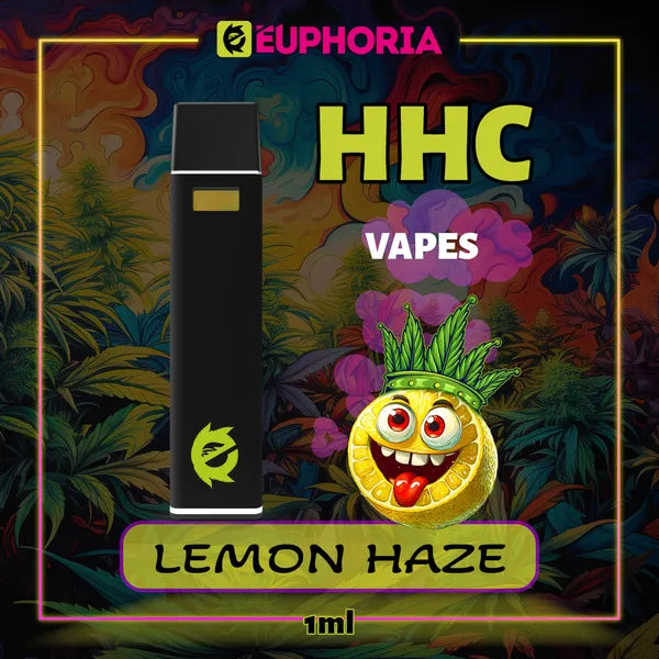1 x HHC Vape του E-Euphoria Ελλάδα, που περιέχει 1ml του 95% HHC και γεύση τερπενίου του Lemon Haze, άρωμα λεμονιού για ανεβαστικό και χαλαρωτικό αποτέλεσμα.