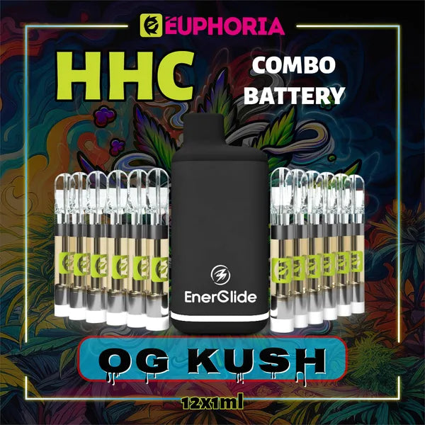 12 x HHC Vape Cartridge + Battery του E-Euphoria Ελλάδα, που περιέχει 1ml του 95% HHC και γεύση τερπενίου του OG KUSH, άρωμα πεύκου για ευφορικό και χαλαρωτικό αποτέλεσμα.