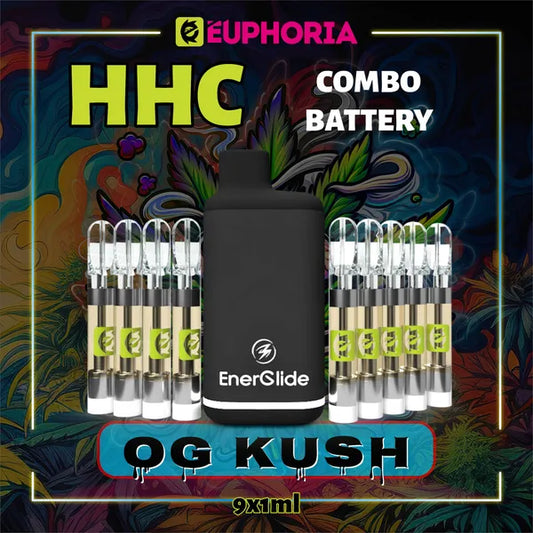 9 x HHC Vape Cartridge + Battery της E-Euphoria Ελλάδα, που περιέχει 1ml του 95% HHC και γεύση τερπενίου του OG KUSH, άρωμα πεύκου για ευφορικό και χαλαρωτικό αποτέλεσμα.