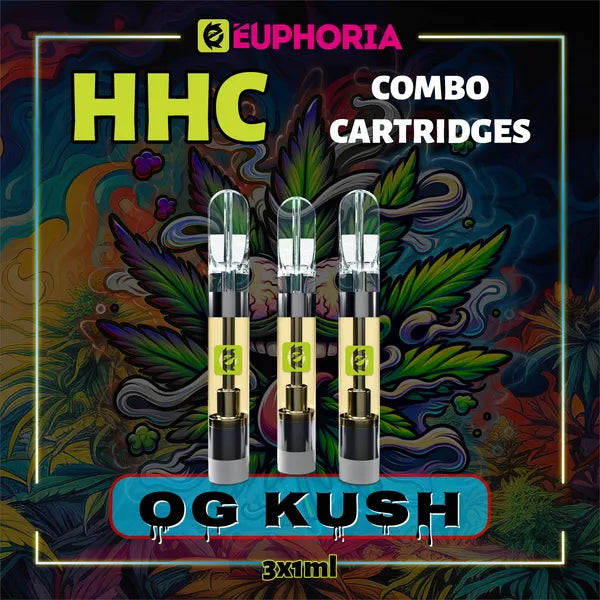 3 x HHC Vape του E-Euphoria Ελλάδα, που περιέχει 1ml του 95% HHC και γεύση τερπενίου του OG KUSH, άρωμα πεύκου για ευφορικό και χαλαρωτικό αποτέλεσμα.