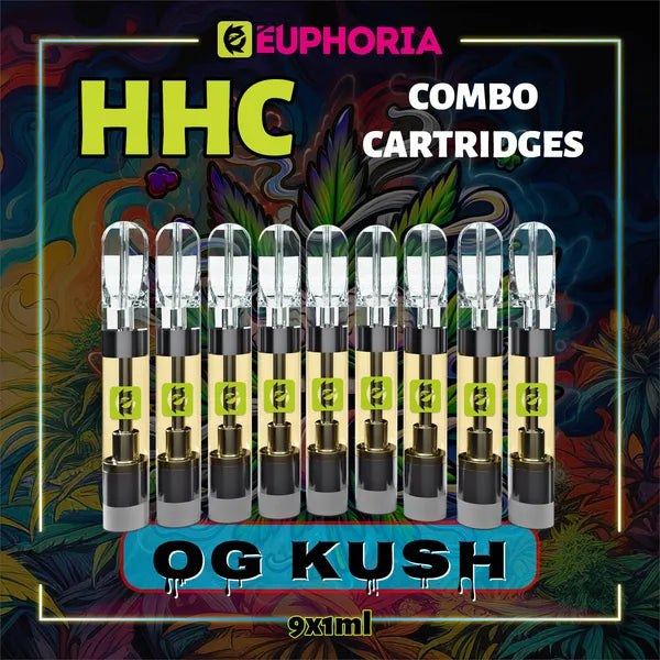 9 x HHC Vape Cartridge του E-Euphoria Ελλάδα, που περιέχει 1ml του 95% HHC και γεύση τερπενίου του OG KUSH, άρωμα πεύκου για ευφορικό και χαλαρωτικό αποτέλεσμα.