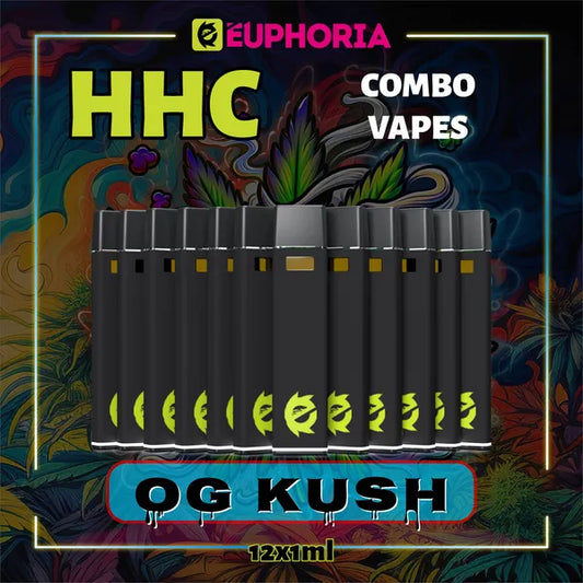 12 x HHC Vape της E-Euphoria Ελλάδα, που περιέχει 1ml του 95% HHC και γεύση τερπενίου του OG KUSH, άρωμα πεύκου για ευφορικό και χαλαρωτικό αποτέλεσμα.