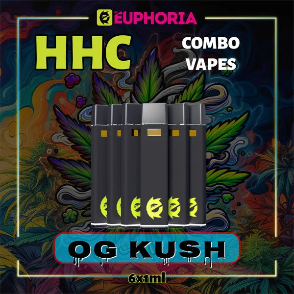 6 x HHC Vape του E-Euphoria Ελλάδα, που περιέχει 1ml του 95% HHC και γεύση τερπενίου του OG KUSH, άρωμα πεύκου για ευφορικό και χαλαρωτικό αποτέλεσμα.