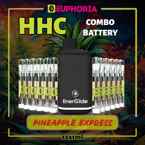 12 x HHC Vape Cartridge + Battery του E-Euphoria Ελλάδα, που περιέχει 1ml του 95% HHC και γεύση τερπενίου του Pineapple Express, ανανάς και γήινο πεύκο για αναζωογονητικό και δημιουργικό αποτέλεσμα.