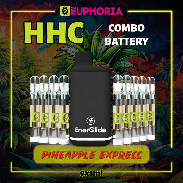 9 x HHC Vape Cartridge + Battery της E-Euphoria Ελλάδα, που περιέχει 1ml του 95% HHC και γεύση τερπενίου του Pineapple Express, ανανάς και γήινο πεύκο για αναζωογονητικό και δημιουργικό αποτέλεσμα.