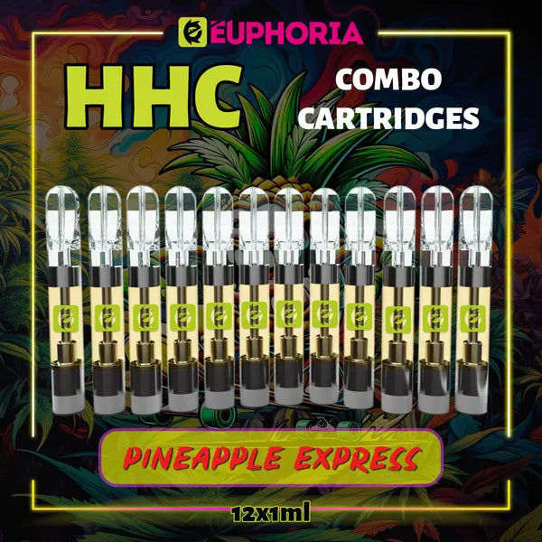 12 x HHC Vape Cartridge του E-Euphoria Ελλάδα, που περιέχει 1ml του 95% HHC και γεύση τερπενίου του Pineapple Express, ανανάς και γήινο πεύκο για αναζωογονητικό και δημιουργικό αποτέλεσμα.