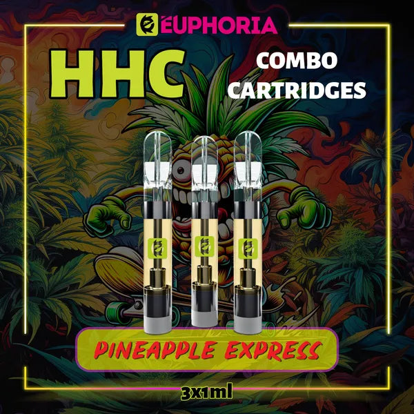 3 x HHC Vape Cartridge του E-Euphoria Ελλάδα, που περιέχει 1ml του 95% HHC και γεύση τερπενίου του Pineapple Express, ανανάς και γήινο πεύκο για αναζωογονητικό και δημιουργικό αποτέλεσμα.