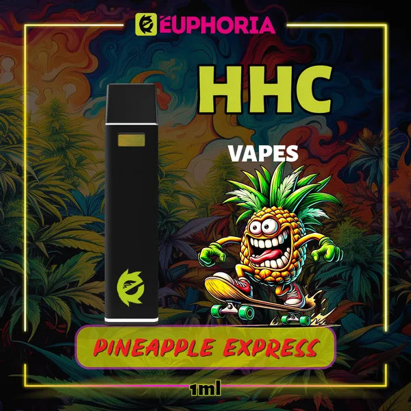 1 x HHC Vape του E-Euphoria Ελλάδα, που περιέχει 1ml του 95% HHC και γεύση τερπενίου του Pineapple Express, ανανάς και γήινο πεύκο για αναζωογονητικό, δημιουργικό αποτέλεσμα.