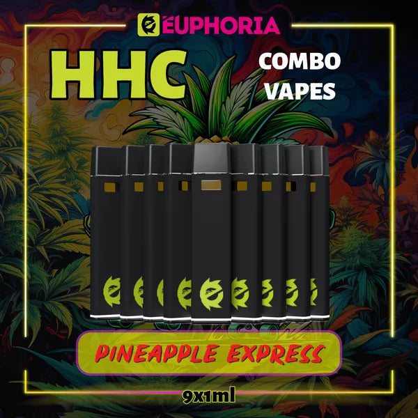 9 x HHC Vape του E-Euphoria Ελλάδα, που περιέχει 1ml του 95% HHC και γεύση τερπενίου του Pineapple Express, ανανάς και γήινο πεύκο για αναζωογονητικό και δημιουργικό αποτέλεσμα.