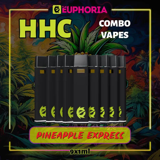 9 x HHC Vape του E-Euphoria Ελλάδα, που περιέχει 1ml του 95% HHC και γεύση τερπενίου του Pineapple Express, ανανάς και γήινο πεύκο για αναζωογονητικό και δημιουργικό αποτέλεσμα.