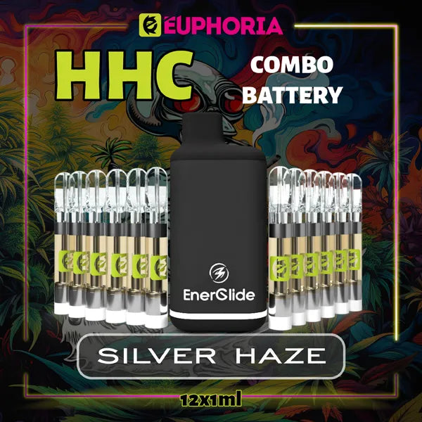 12 x HHC Vape Cartridge + Battery του E-Euphoria Ελλάδα, που περιέχει 1ml του 95% HHC και γεύση τερπενίου του Silver Haze, ξύλινο άρωμα καπνού για ενεργητικό και αναζωογονητικό αποτέλεσμα.