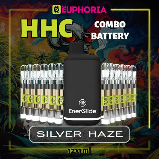 12 x HHC Vape Cartridge + Battery του E-Euphoria Ελλάδα, που περιέχει 1ml του 95% HHC και γεύση τερπενίου του Silver Haze, ξύλινο άρωμα καπνού για ενεργητικό και αναζωογονητικό αποτέλεσμα.