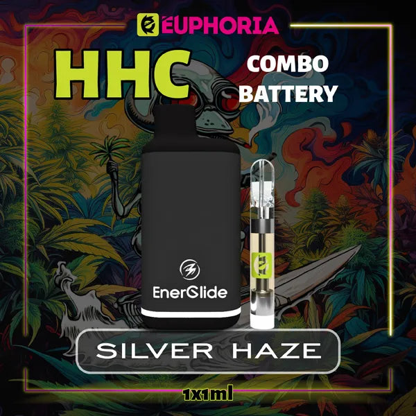 1 x HHC Vape Cartridge + Battery του E-Euphoria Ελλάδα, που περιέχει 1ml του 95% HHC και γεύση τερπενίου του Silver Haze, ξύλινο άρωμα καπνού για ενεργητικό και αναζωογονητικό αποτέλεσμα.