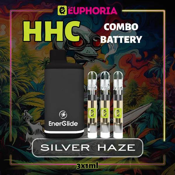 3 x HHC Vape Cartridge + Battery του E-Euphoria Ελλάδα, που περιέχει 1ml του 95% HHC και γεύση τερπενίου του Silver Haze, ξύλινο άρωμα καπνού για ενεργητικό και αναζωογονητικό αποτέλεσμα.