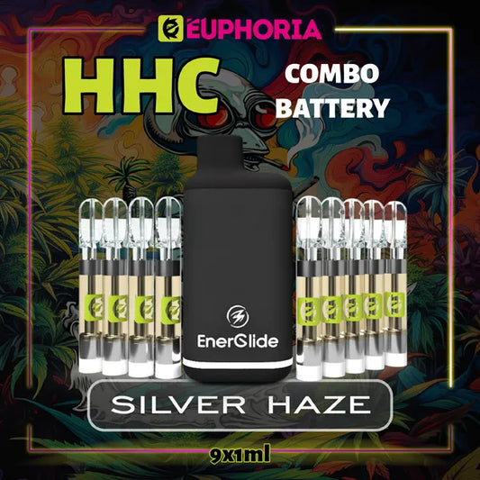 9 x HHC Vape Cartridge + Battery του E-Euphoria Ελλάδα, που περιέχει 1ml του 95% HHC και γεύση τερπενίου του Silver Haze, ξύλινο άρωμα καπνού για ενεργητικό και αναζωογονητικό αποτέλεσμα.