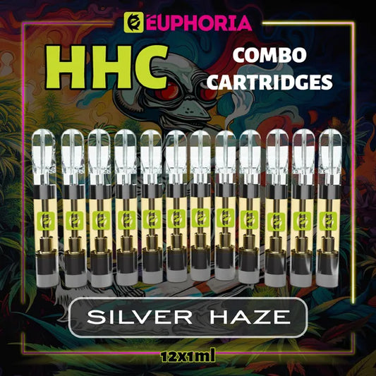 12 x HHC Vape Cartridge του E-Euphoria Ελλάδα, που περιέχει 1ml του 95% HHC και γεύση τερπενίου του Silver Haze, ξύλινο άρωμα καπνού για ενεργητικό και αναζωογονητικό αποτέλεσμα.