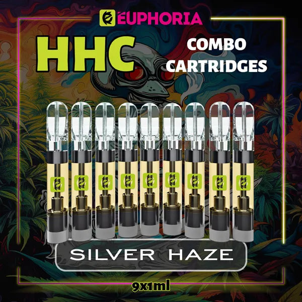 9 x HHC Vape Cartridge του E-Euphoria Ελλάδα, που περιέχει 1ml του 95% HHC και γεύση τερπενίου του Silver Haze, ξύλινο άρωμα καπνού για ενεργητικό και αναζωογονητικό αποτέλεσμα.