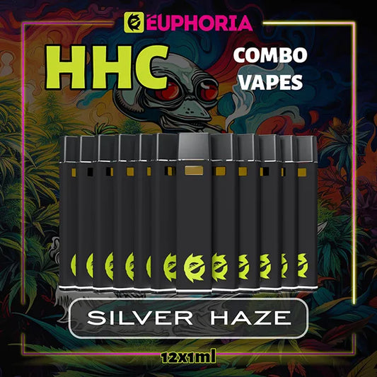 12 x HHC Vape του E-Euphoria Ελλάδα, που περιέχει 1ml του 95% HHC και γεύση τερπενίου του Silver Haze, ξύλινο άρωμα καπνού για ενεργητικό και αναζωογονητικό αποτέλεσμα.