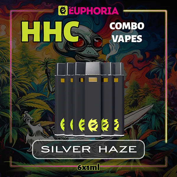 6 x HHC Vape του E-Euphoria Ελλάδα, που περιέχει 1ml του 95% HHC και γεύση τερπενίου του Silver Haze, ξύλινο άρωμα καπνού για ενεργητικό και αναζωογονητικό αποτέλεσμα.