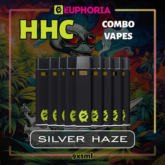 9 x HHC Vape του E-Euphoria Ελλάδα, που περιέχει 1ml του 95% HHC και γεύση τερπενίου του Silver Haze, ξύλινο άρωμα καπνού για ενεργητικός και αναζωογονητικός αποτέλεσμα.
