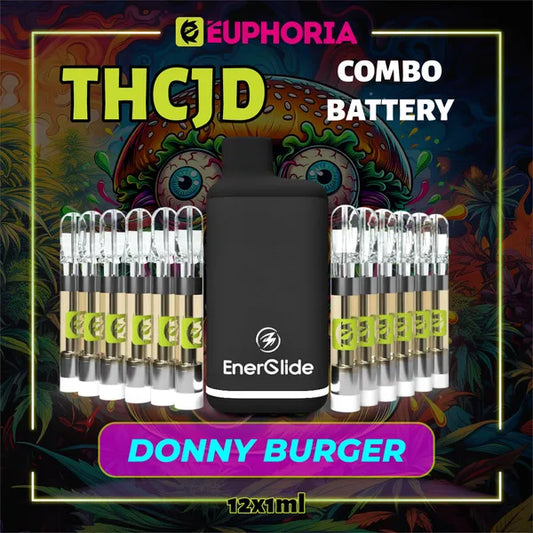 12 x THCJD Vape Cartridge + Battery του E-Euphoria Ελλάδα, που περιέχει 1ml του 90% THCJD και γεύση τερπενίου του Donny Burger, γεύση κέδρου για καταπραϋντικό και ευτυχισμένο αποτέλεσμα.