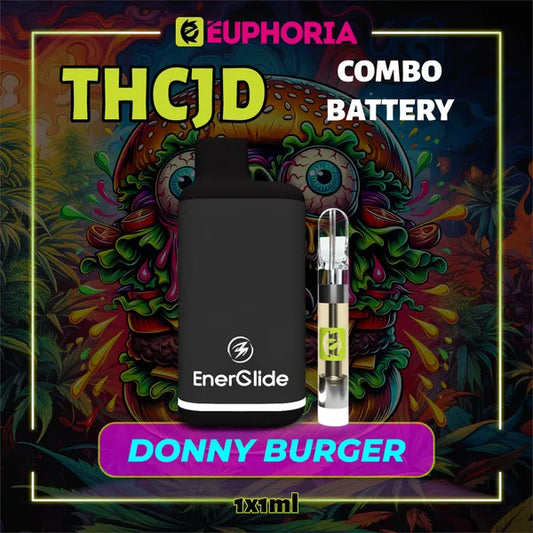 1 x THCJD Vape Cartridge + Battery του E-Euphoria Ελλάδα, που περιέχει 1ml του 90% THCJD και γεύση τερπενίου του Donny Burger, γεύση κέδρου για καταπραϋντικό, ευτυχισμένος αποτέλεσμα.