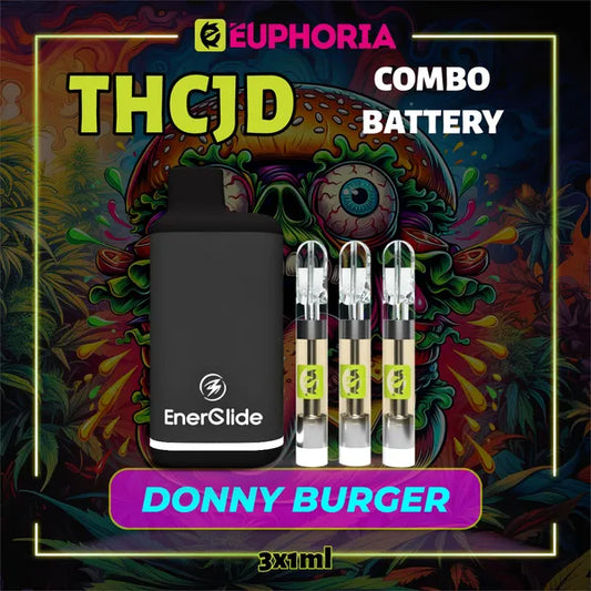 3 x THCJD Vape Cartridge + Battery του E-Euphoria Ελλάδα, που περιέχει 1ml του 90% THCJD και γεύση τερπενίου του Donny Burger, γεύση κέδρου за καταπραϋντικό και ευτυχισμένο αποτέλεσμα.