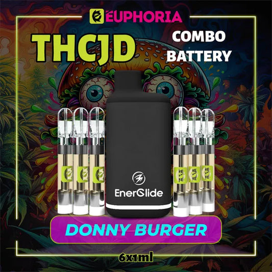 6 x THCJD Vape Cartridge + Battery του E-Euphoria Ελλάδα, που περιέχει 1ml του 90% THCJD και γεύση τερπενίου του Donny Burger, γεύση κέδρου за καταπραϋντικό και ευτυχισμένος αποτέλεσμα.
