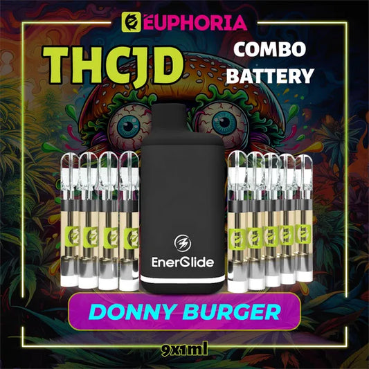 9 x THCJD Vape Cartridge + Battery του E-Euphoria Ελλάδα, που περιέχει 1ml του 90% THCJD και γεύση τερπενίου του Donny Burger, γεύση κέδρου για καταπραϋντικό, ευτυχισμένος αποτέλεσμα.