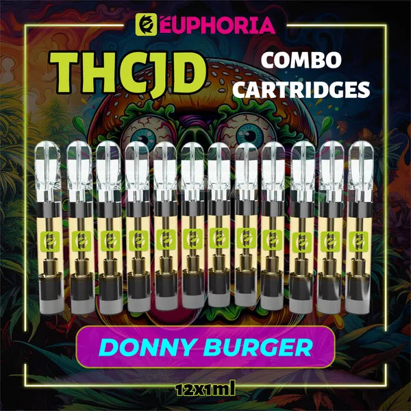 12 x THCJD Vape Cartridge του E-Euphoria Ελλάδα, που περιέχει 1ml του 90% THCJD και γεύση τερπενίου του Donny Burger, γεύση κέδρου για καταπραϋντικό και ευτυχισμένο αποτέλεσμα.