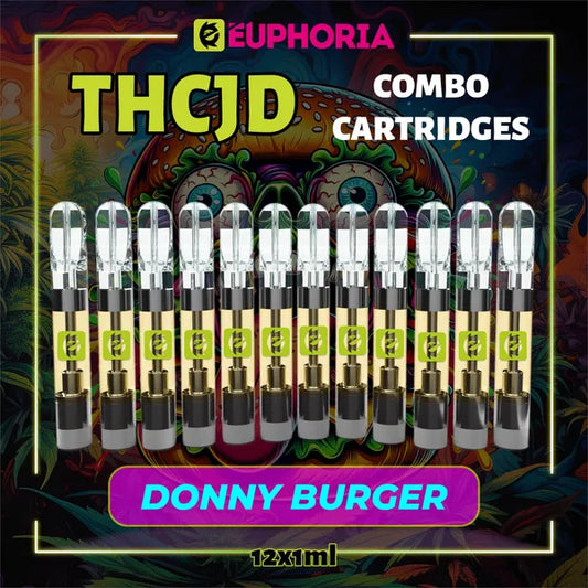 12 x THCJD Vape Cartridge του E-Euphoria Ελλάδα, που περιέχει 1ml του 90% THCJD και γεύση τερπενίου του Donny Burger, γεύση κέδρου για καταπραϋντικό και ευτυχισμένο αποτέλεσμα.