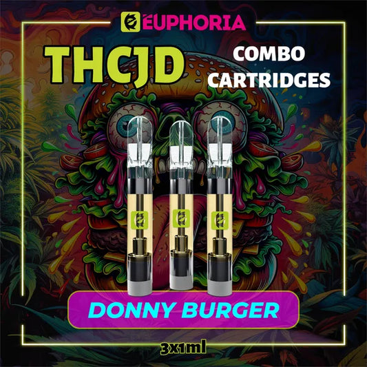 3 x THCJD Vape Cartridge του E-Euphoria Ελλάδα, που περιέχει 1ml του 90% THCJD και γεύση τερπενίου του Donny Burger, γεύση κέδρου για καταπραϋντικό και ευτυχισμένος αποτέλεσμα.