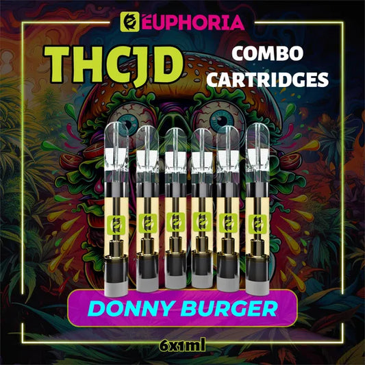 6 x THCJD Vape Cartridge του E-Euphoria Ελλάδα, που περιέχει 1ml του 90% THCJD και γεύση τερπενίου του Donny Burger, γεύση κέδρου για καταπραϋντικό και ευτυχισμένο αποτέλεσμα.