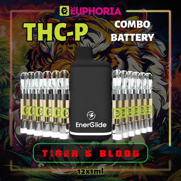 12 x THC-P Vape Cartridge + Battery του E-Euphoria Ελλάδα, που περιέχει 1ml του 5% THCP, 90% HHCO и γεύση τερπενίου του Tiger's Blood, για καταπραϋντικό και χαλαρωτικό αποτέλεσμα.