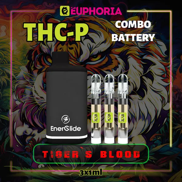 3 x THC-P Vape Cartridge + Battery του E-Euphoria Ελλάδα, που περιέχει 1ml του 5% THCP, 90% HHCO και γεύση τερπενίου του Tiger's Blood, για καταπραϋντικό και χαλαρωτικό αποτέλεσμα.