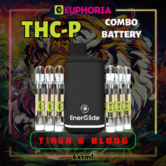 6 x THC-P Vape Cartridge+ Battery του E-Euphoria Ελλάδα, που περιέχει 1ml του 5% THCP, 90% HHCO και γεύση τερπενίου του Tiger's Blood, για καταπραϋντικό και χαλαρωτικό αποτέλεσμα.