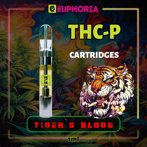1 x THC-P Vape Cartridge του E-Euphoria Ελλάδα, που περιέχει 1ml του 5% THCP, 90% HHCO και γεύση τερπενίου του Tiger's Blood, για καταπραϋντικό και χαλαρωτικό αποτέλεσμα.