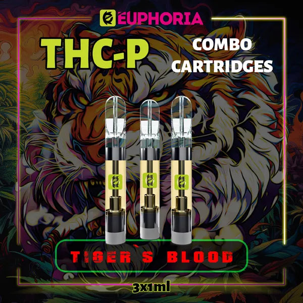 3 x THC-P Vape Cartridge του E-Euphoria Ελλάδα, που περιέχει 1ml του 5% THCP, 90% HHCO και γεύση τερπενίου του Tiger's Blood για καταπραϋντικό και χαλαρωτικό αποτέλεσμα.